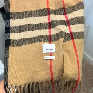Burberry Tan Nova Check Scarf with Black and Red Stripes